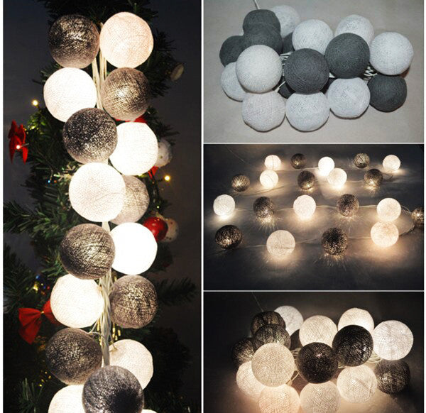 1 Set of 20 LED Black White 5cm Cotton Ball Battery Powered String Lights Xmas Gift Home Wedding Party Bedroom Decoration Outdoor Indoor Table Centrepiece ShopFrenzy