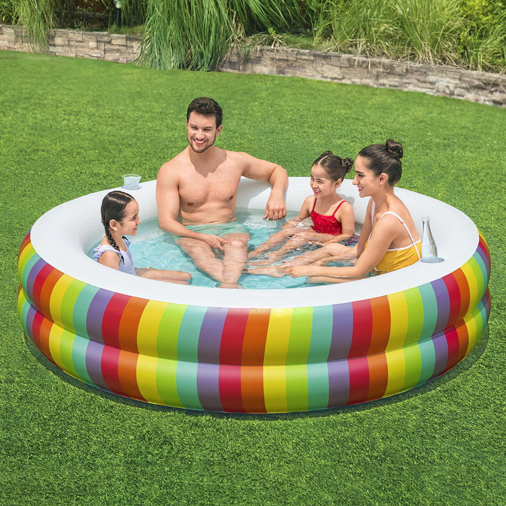 Bestway Kids Inflatable Round Pool Above Ground Cup Holder Rainbow 206x206x51cm - ShopFrenzy