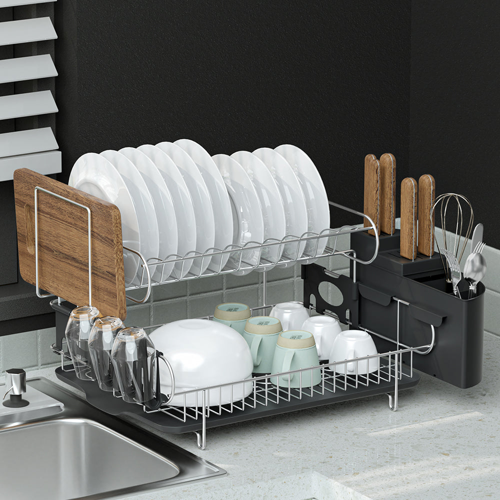 Cefito Dish Rack Drying Drainer Cup Holder Cutlery Tray Kitchen Organiser 2-Tier - ShopFrenzy