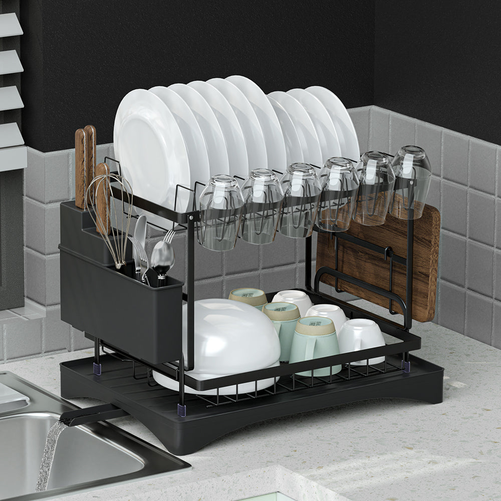 Cefito Dish Rack Expandable Drying Drainer Cutlery Holder Tray Kitchen 2 Tiers - ShopFrenzy