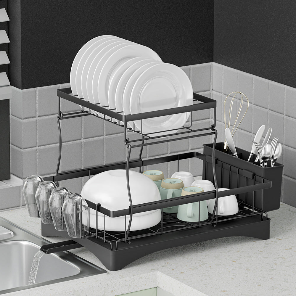 Cefito Dish Rack Expandable Drying Drainer Cutlery Holder Tray Kitchen 2 Tiers - ShopFrenzy