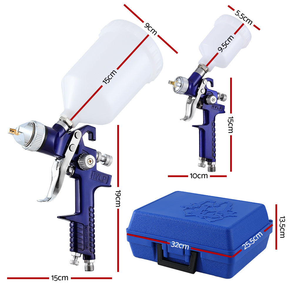 Giantz 2PC HVLP Spray Gun Paint Gun Gravity Feed 0.8mm 1.4,mm Nozzles Included - ShopFrenzy