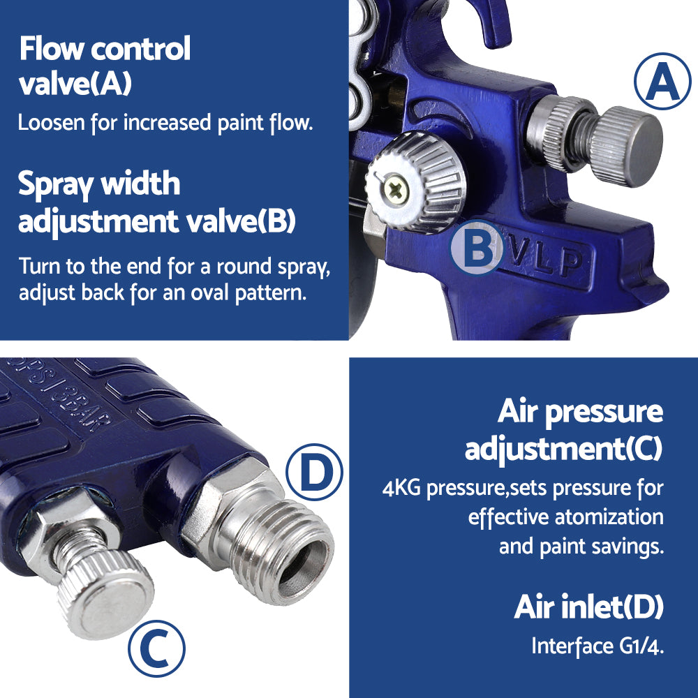 Giantz 2PC HVLP Spray Gun Paint Gun Gravity Feed 0.8mm 1.4,mm Nozzles Included - ShopFrenzy