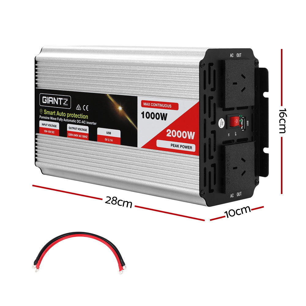 Giantz Power Inverter 1000W or 2000W Pure Sine Wave 12V-240V Camping Boat Caravan - ShopFrenzy
