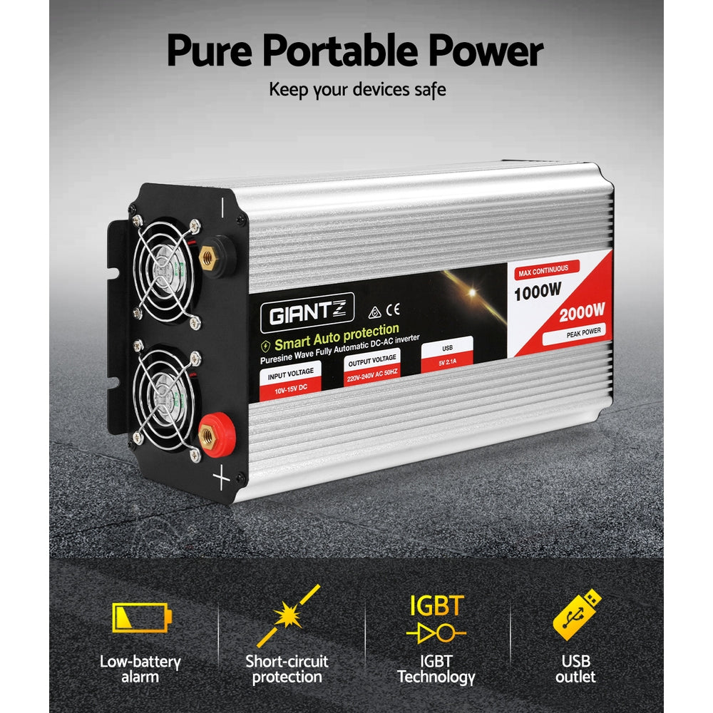 Giantz Power Inverter 1000W or 2000W Pure Sine Wave 12V-240V Camping Boat Caravan - ShopFrenzy