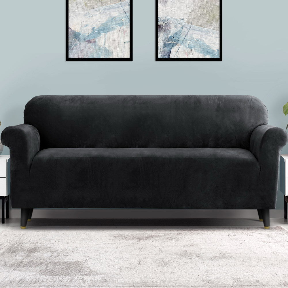 Artiss Sofa Cover Couch Covers 4 Seater Velvet Black - ShopFrenzy