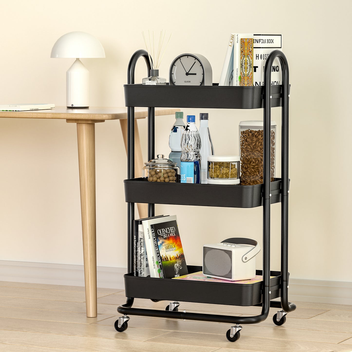 Artiss Storage Trolley Kitchen Cart 3 Tiers Rack Shelf Organiser Wheels Black - ShopFrenzy