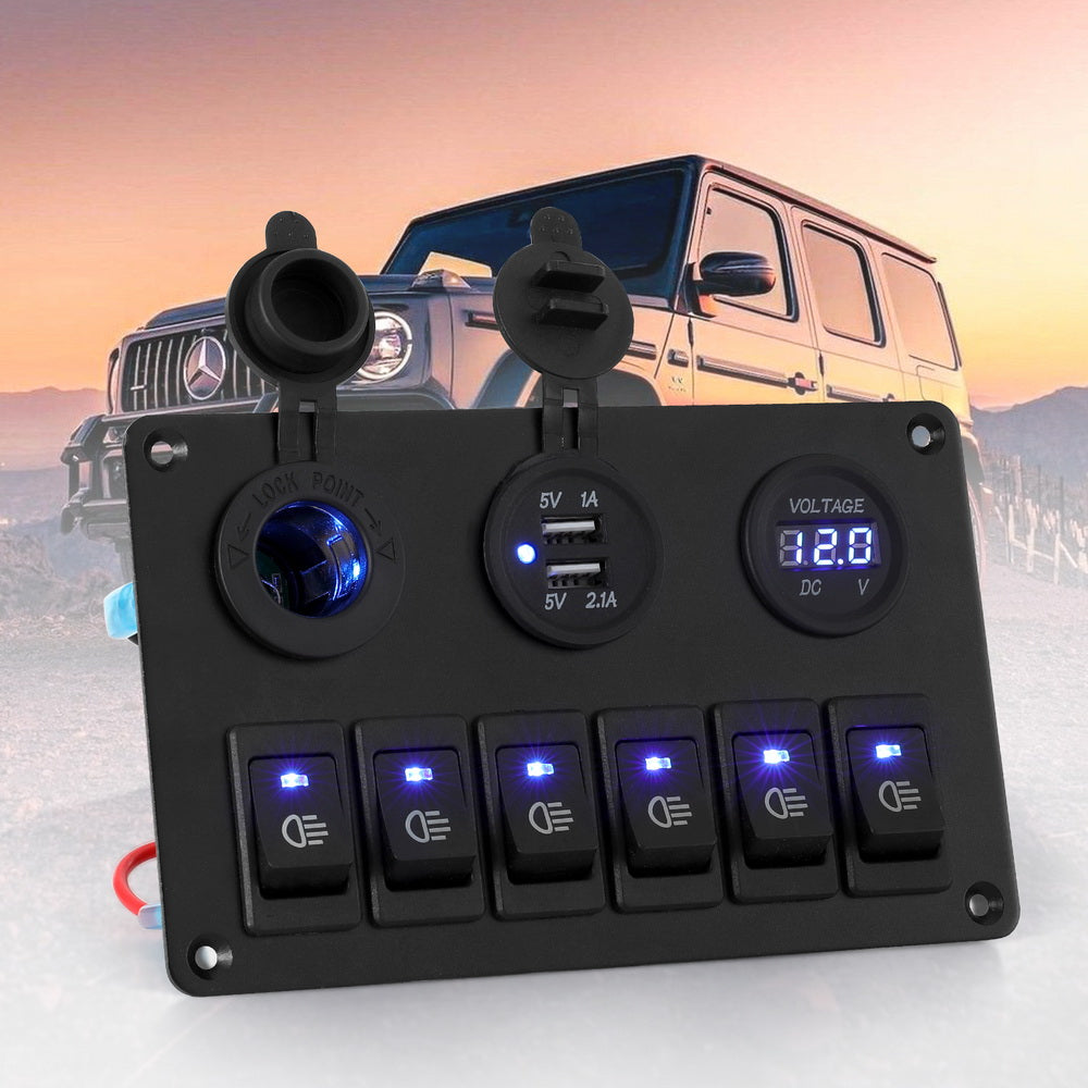 Giantz 6 Gang 12V Switch Panel For Car Boat Marine USB ON-OFF LED Rocker Toggle - ShopFrenzy