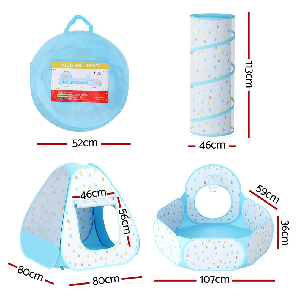 Keezi Kids Play Tent Pop Up Playhouse Ball Pit Tunnel Basketball Hoop Blue - ShopFrenzy
