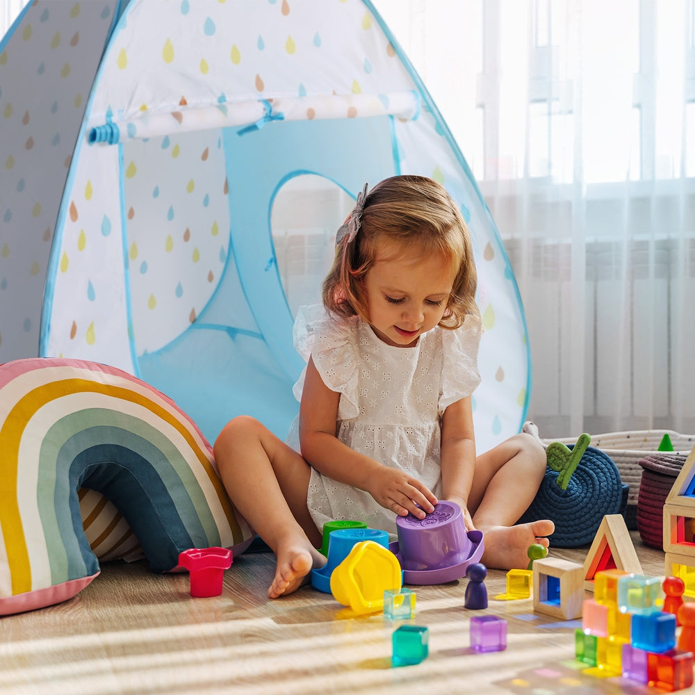 Keezi Kids Play Tent Pop Up Playhouse Ball Pit Tunnel Basketball Hoop Blue - ShopFrenzy