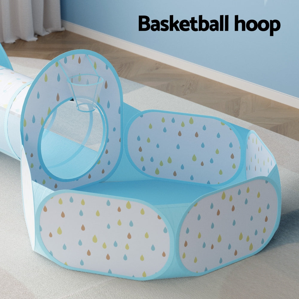 Keezi Kids Play Tent Pop Up Playhouse Ball Pit Tunnel Basketball Hoop Blue - ShopFrenzy