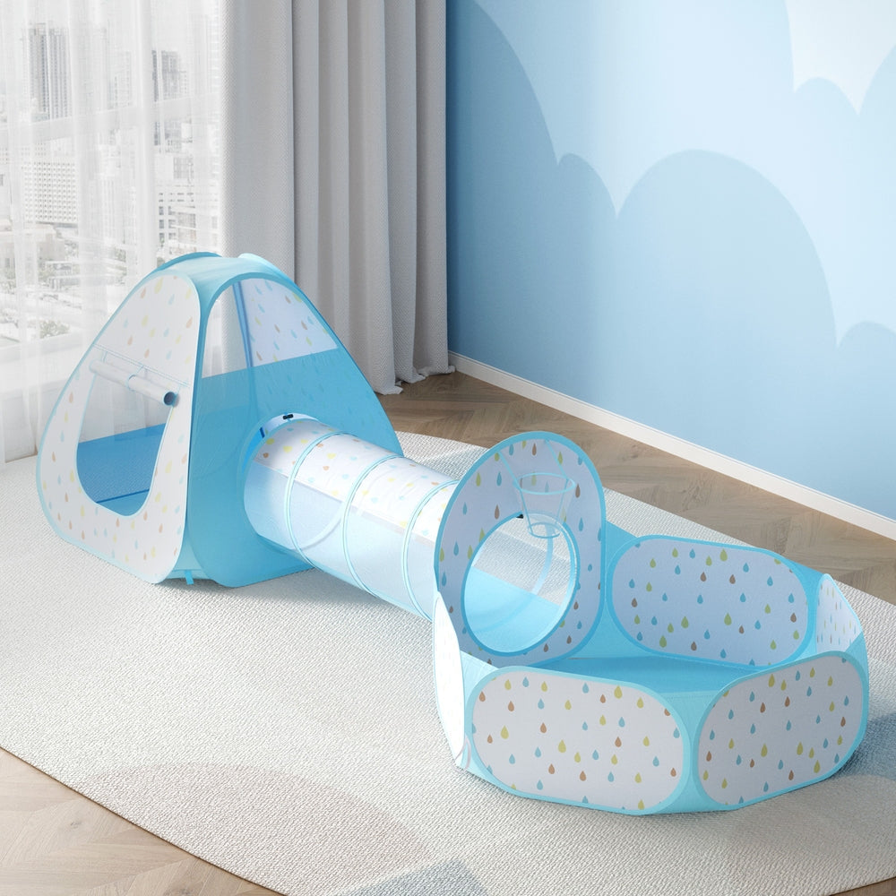 Keezi Kids Play Tent Pop Up Playhouse Ball Pit Tunnel Basketball Hoop Blue - ShopFrenzy