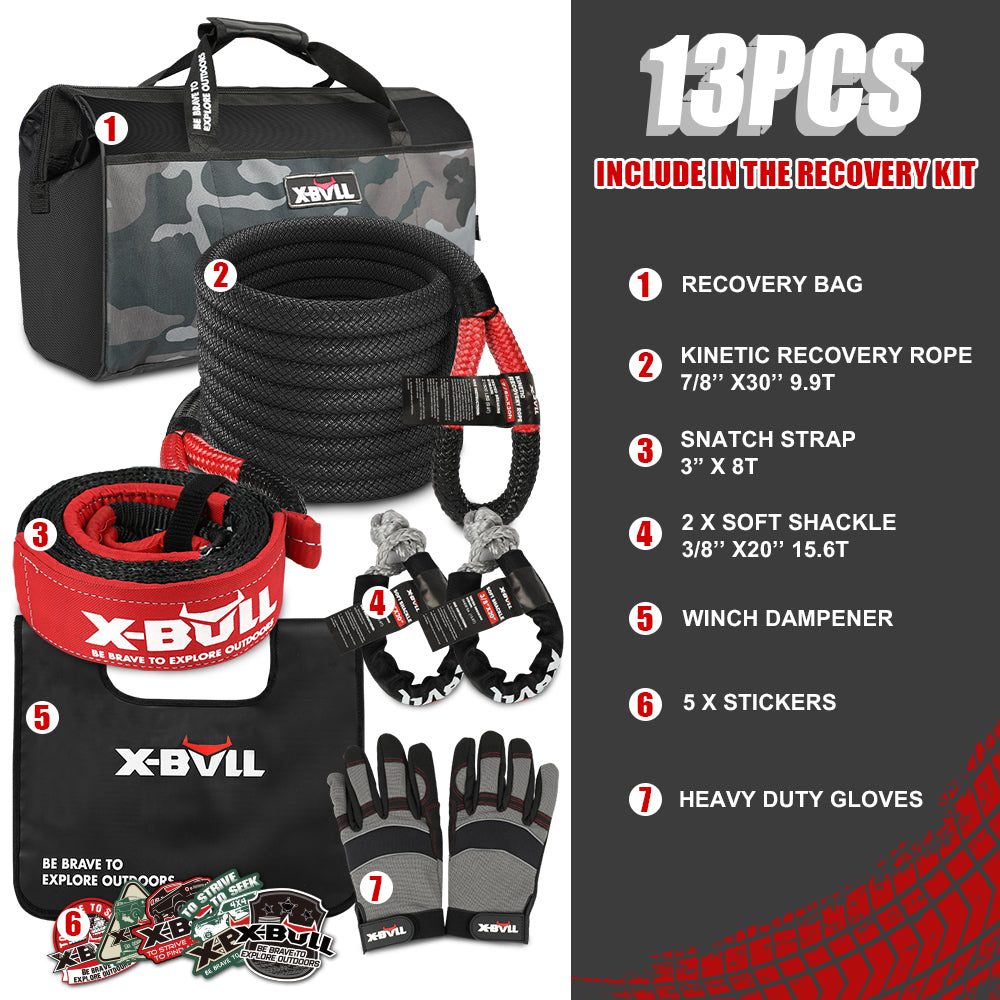 X-BULL Recovery Rope kit Snatch Strap Soft Shackles Hitch receiver Kinetic Tire Deflator - ShopFrenzy