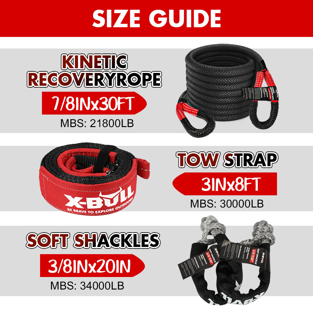 X-BULL Recovery Rope kit Snatch Strap Soft Shackles Hitch receiver Kinetic Tire Deflator - ShopFrenzy