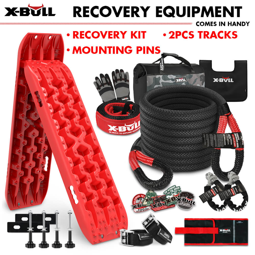 X-BULL 4X4 Recovery Kit Kinetic Recovery Rope Snatch Strap / 2PCS Recovery Tracks 4WD Mounting Pins Gen3.0 Red - ShopFrenzy