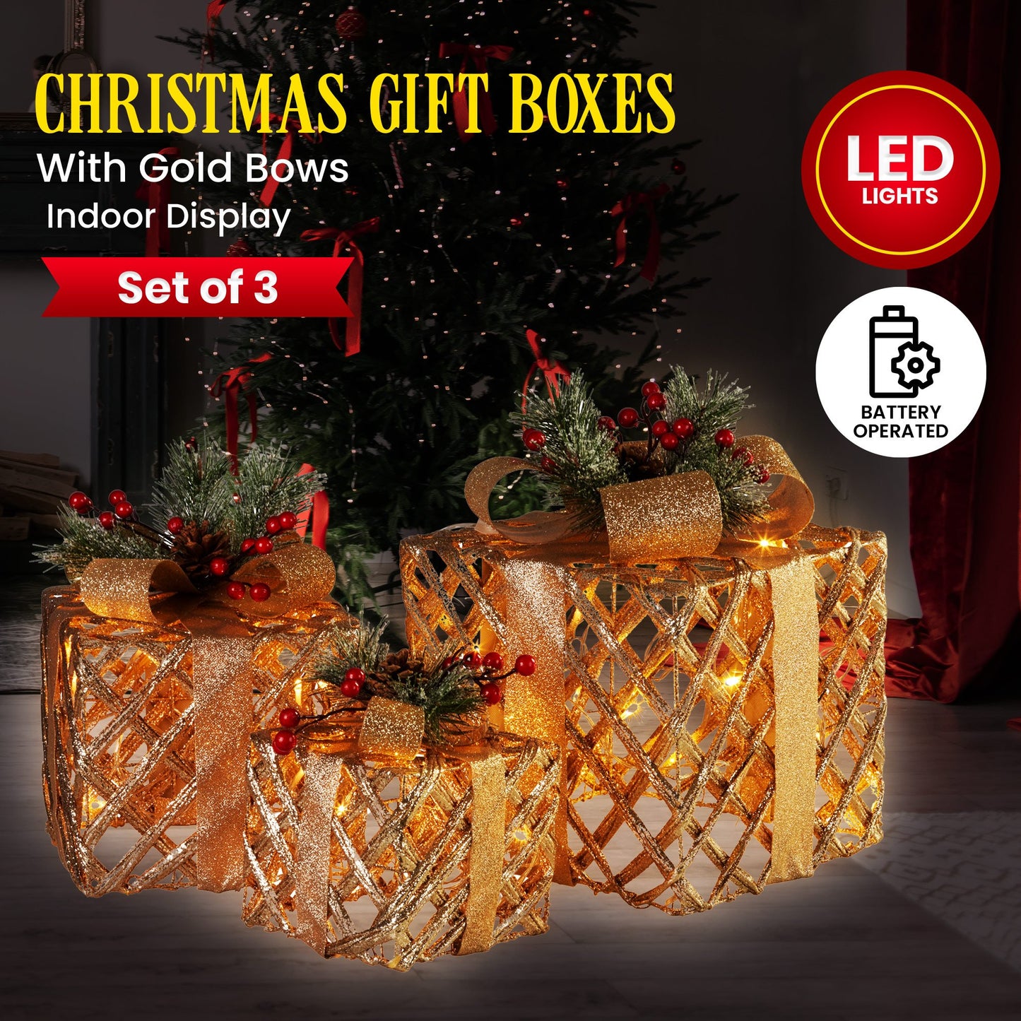 Swishmas Set of 3 Christmas Gift Boxes Display With Lights in Champagne and Gold - ShopFrenzy