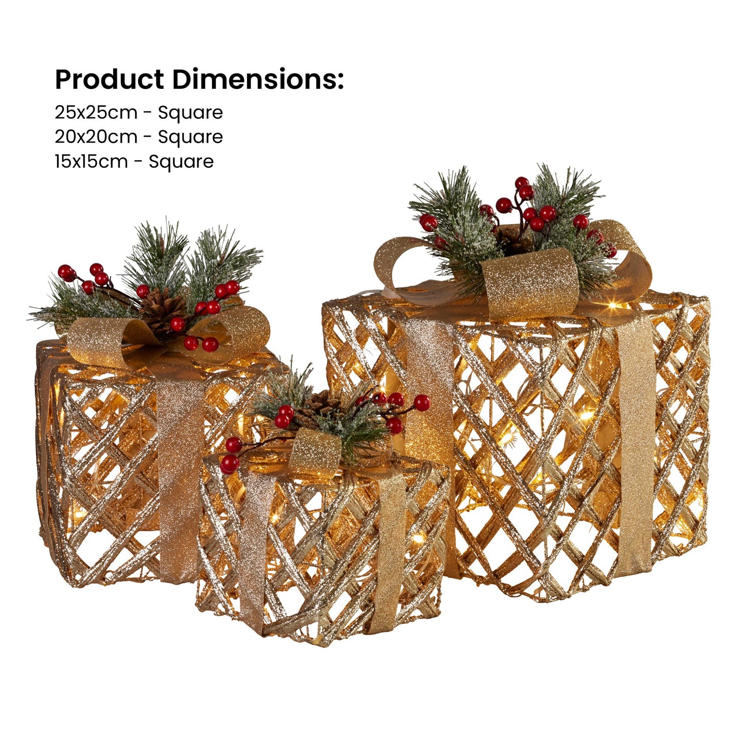 Swishmas Set of 3 Christmas Gift Boxes Display With Lights in Champagne and Gold - ShopFrenzy