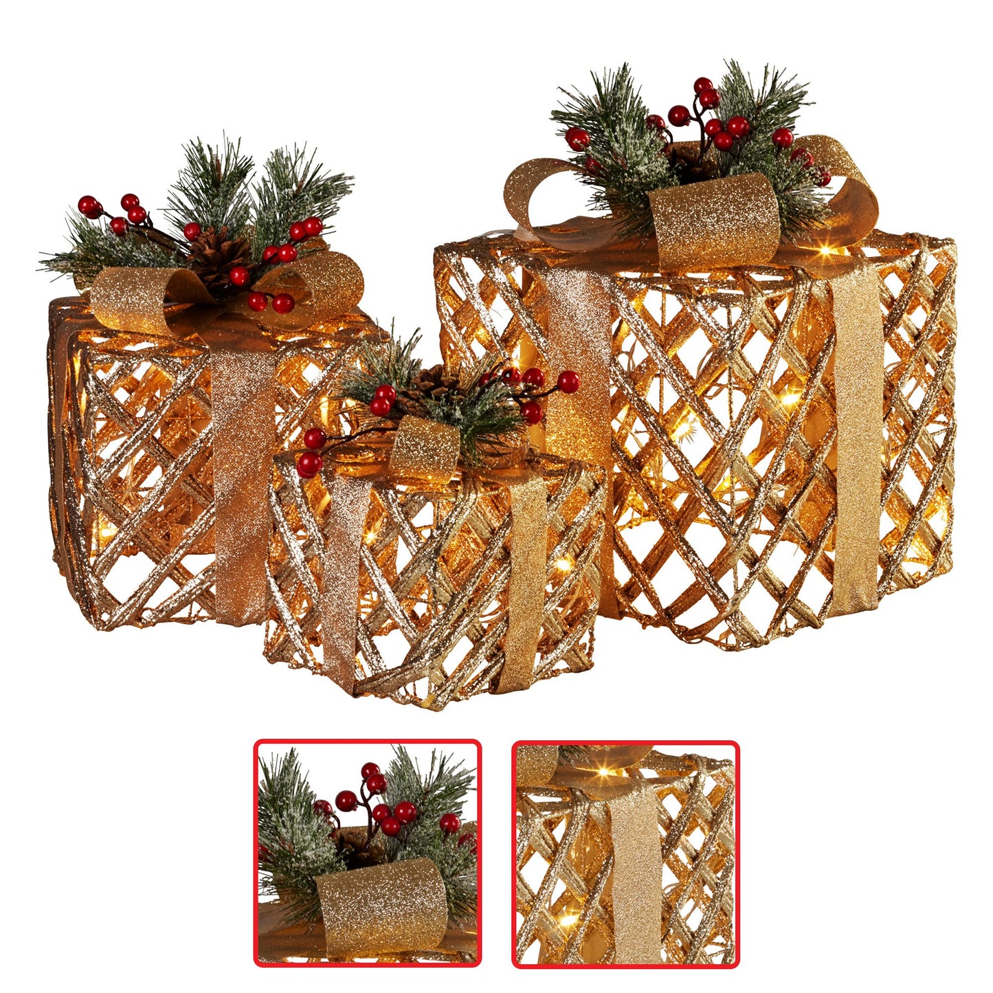 Swishmas Set of 3 Christmas Gift Boxes Display With Lights in Champagne and Gold - ShopFrenzy