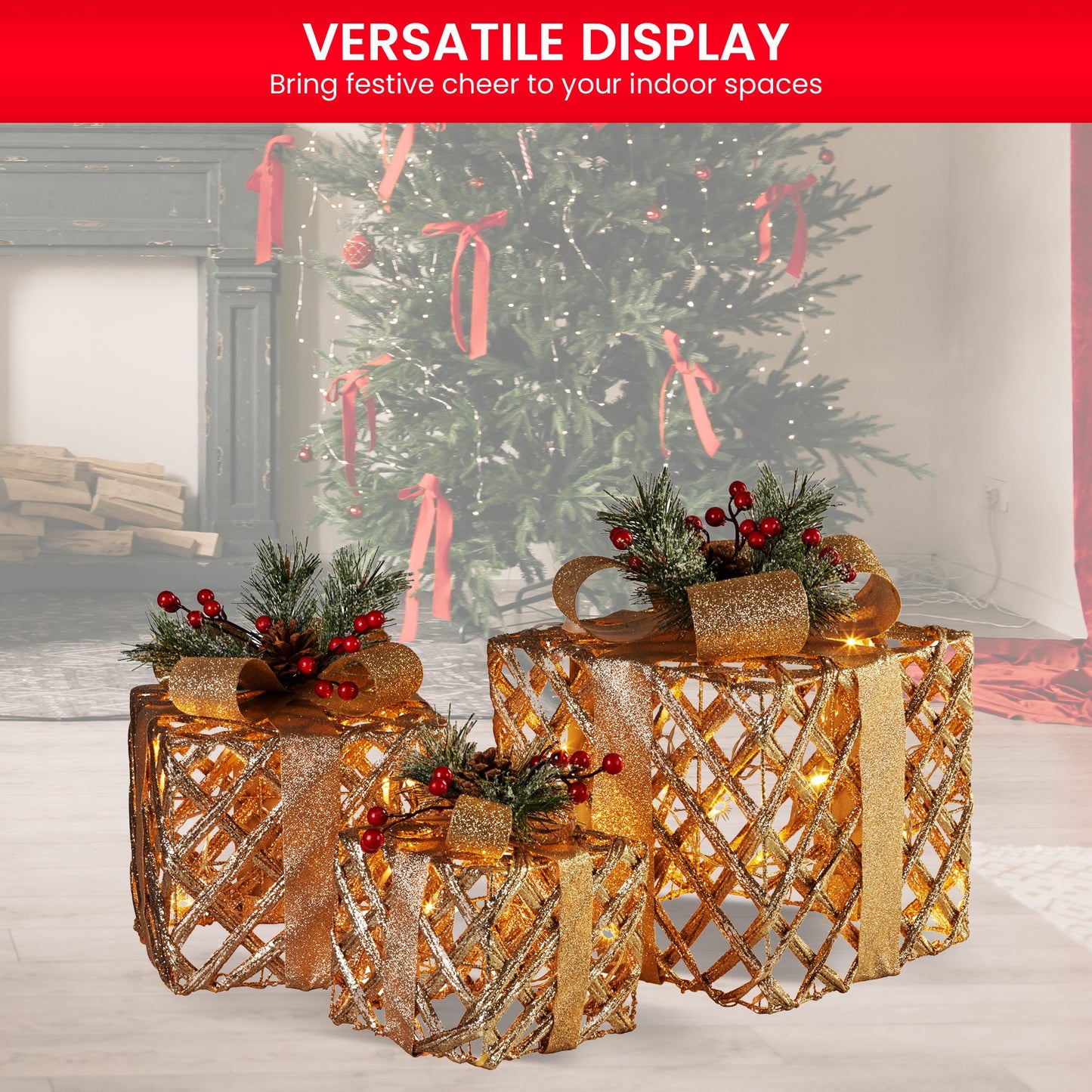 Swishmas Set of 3 Christmas Gift Boxes Display With Lights in Champagne and Gold - ShopFrenzy