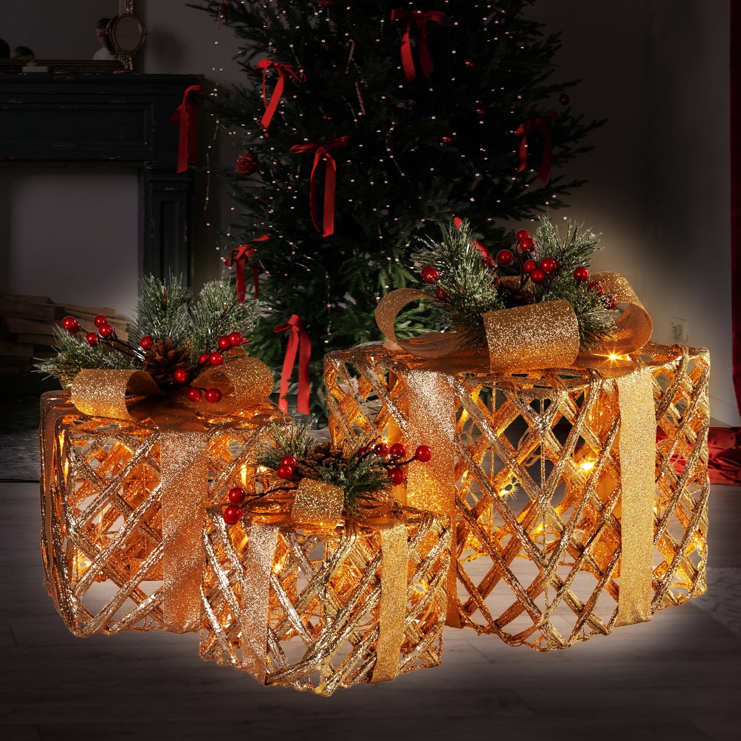 Swishmas Set of 3 Christmas Gift Boxes Display With Lights in Champagne and Gold - ShopFrenzy