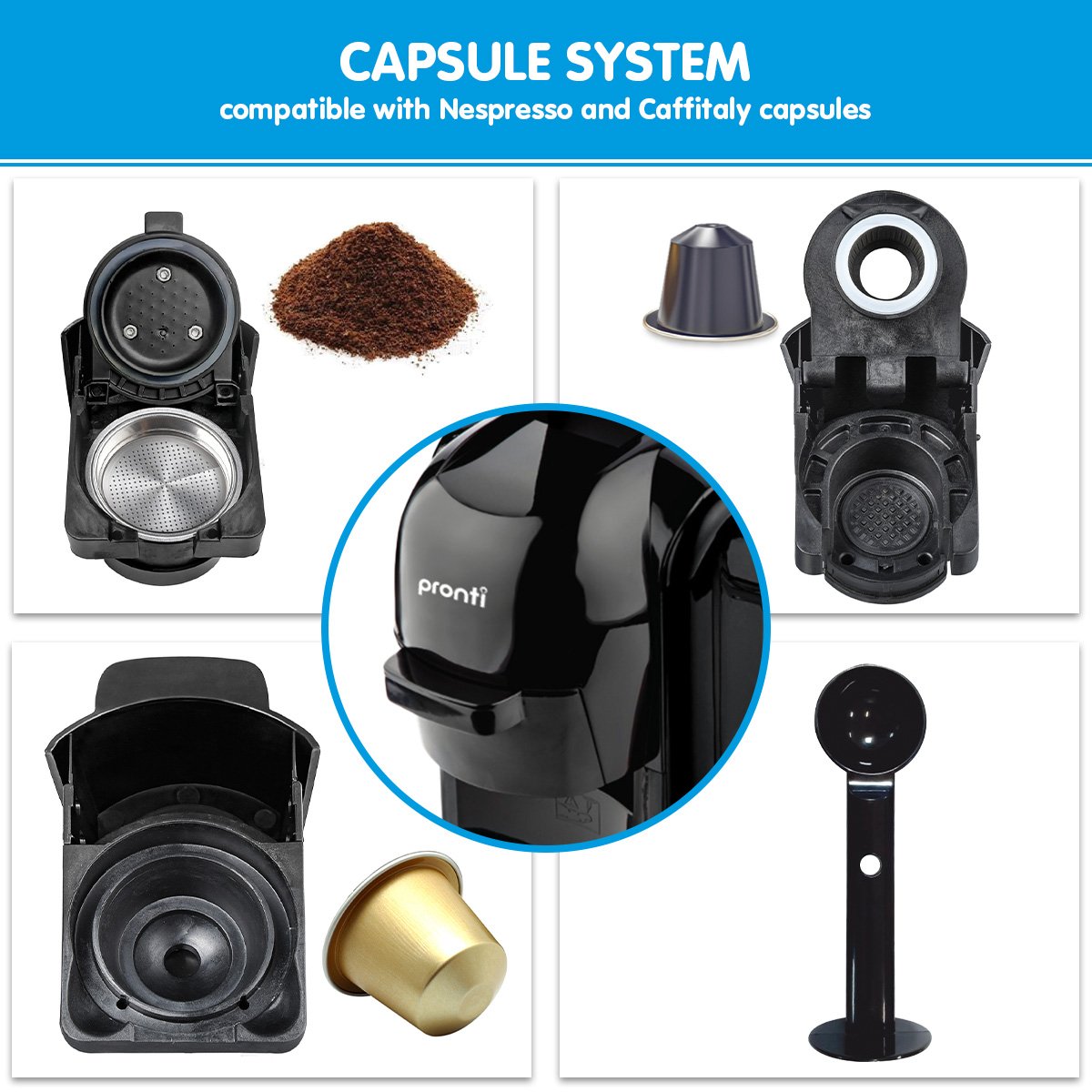 Pronti HomeMaid 3-in-1 Coffee Machine Multi-Capsule Pods and Ground Coffee Nespresso & Caffitaly Compatible CM-511HM - ShopFrenzy