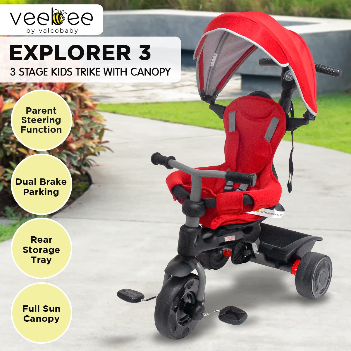 Veebee Explorer 3-stage Kids Trike With Canopy - Red - ShopFrenzy