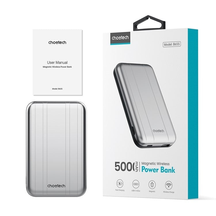 CHOETECH B655-SL 5000mAh Magnetic Wireless Power Bank 10W (Silver) - ShopFrenzy