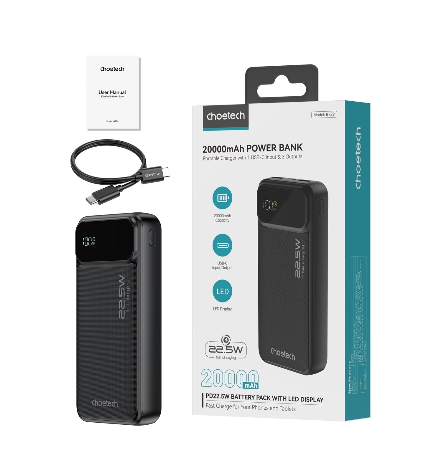 CHOETECH B729 20000mAh Power Bank PD22.5W with Digital Display - ShopFrenzy