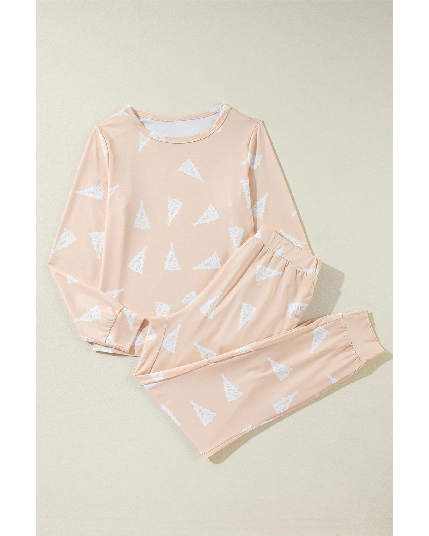 Apricot Christmas Tree Print Loose Fit Two Piece Pajama Set - S