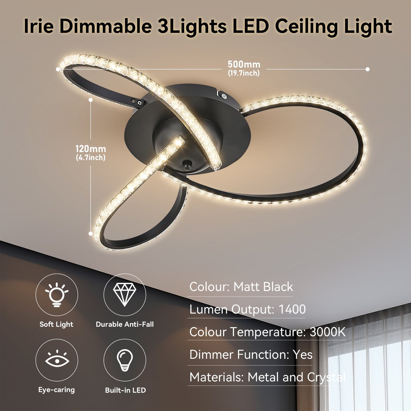 Irie Dimmable 3 Lights LED Ceiling Light - Black - ShopFrenzy