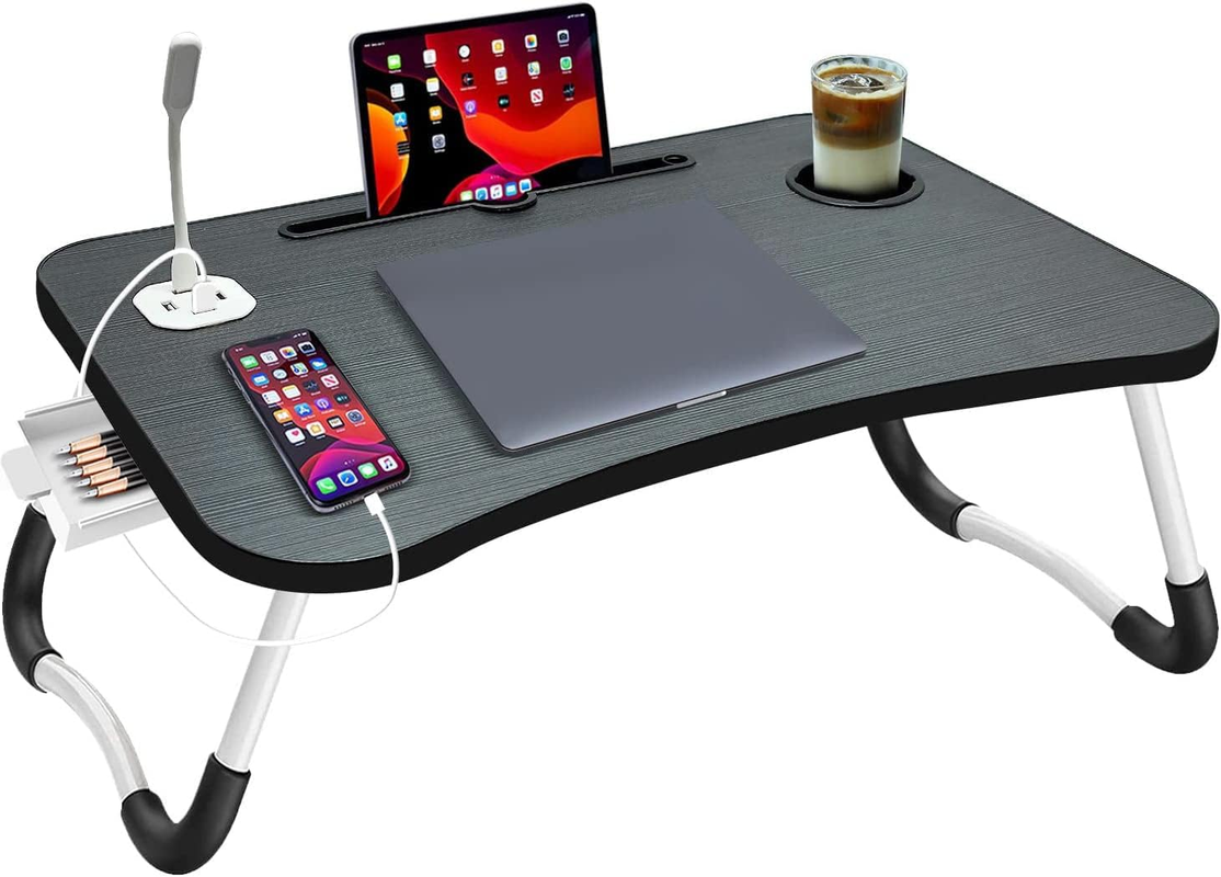 NNECN Laptop Desk Bed Table Tray Folding Breakfast Table Portable Lap Standing Desk Notebook Stand Reading Holder for Bed/Sofa Large Lap Desk with USB-Charger and Cup-Holder - ShopFrenzy