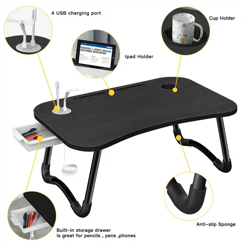 NNECN Laptop Desk Bed Table Tray Folding Breakfast Table Portable Lap Standing Desk Notebook Stand Reading Holder for Bed/Sofa Large Lap Desk with USB-Charger and Cup-Holder - ShopFrenzy