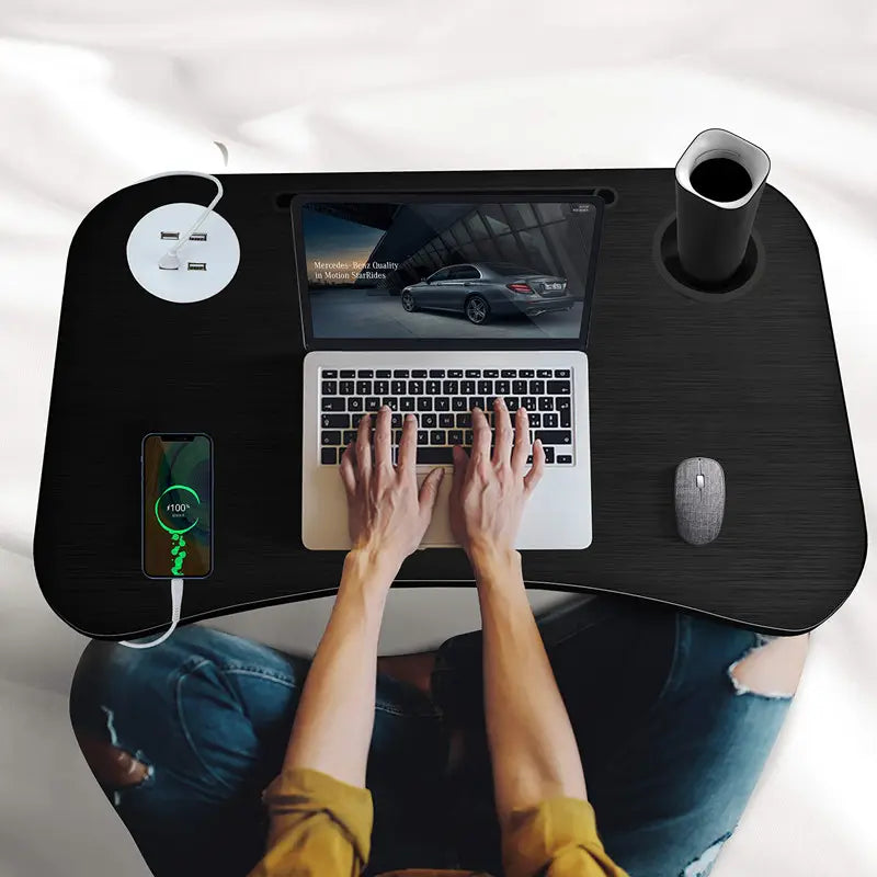 NNECN Laptop Desk Bed Table Tray Folding Breakfast Table Portable Lap Standing Desk Notebook Stand Reading Holder for Bed/Sofa Large Lap Desk with USB-Charger and Cup-Holder - ShopFrenzy