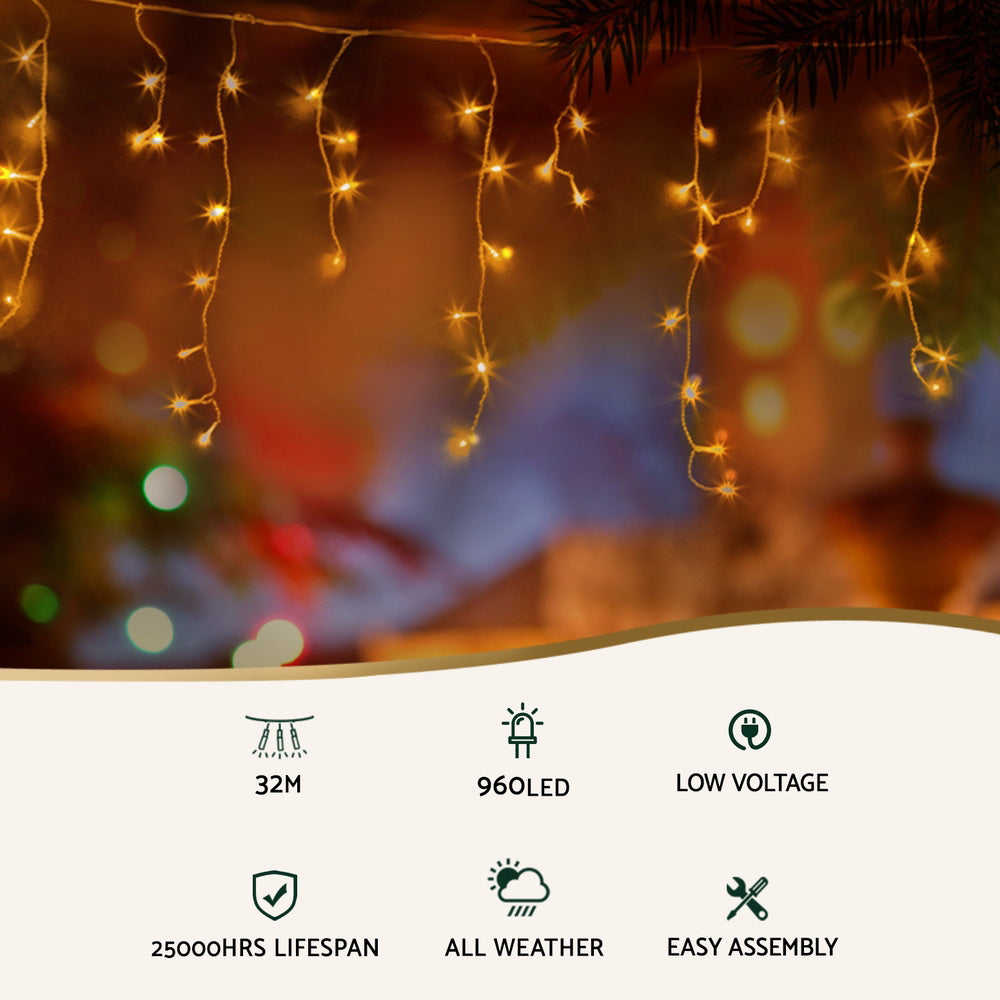 32M Christmas Lights Icicle Light 960 LED Warm White Jingle Jollys - ShopFrenzy