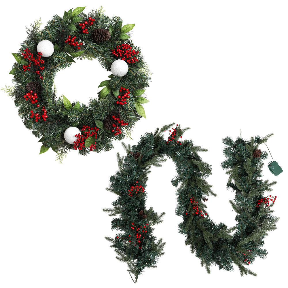 Jingle Jollys Christmas Garland with Wreath Set LED Lights Xmas Tree Decor - ShopFrenzy