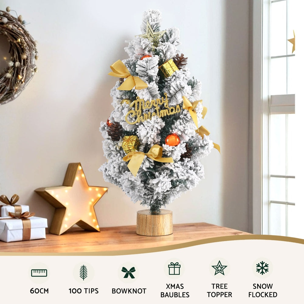 Jingle Jollys Tabletop Christmas Tree 60CM Snowy Xmas Tree Tree Topper Ornaments - ShopFrenzy