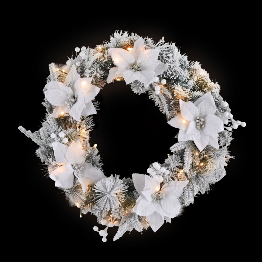 Jingle Jollys 60cm Christmas Wreath LED Lights Snowy Flowers Garland Party Decor - ShopFrenzy