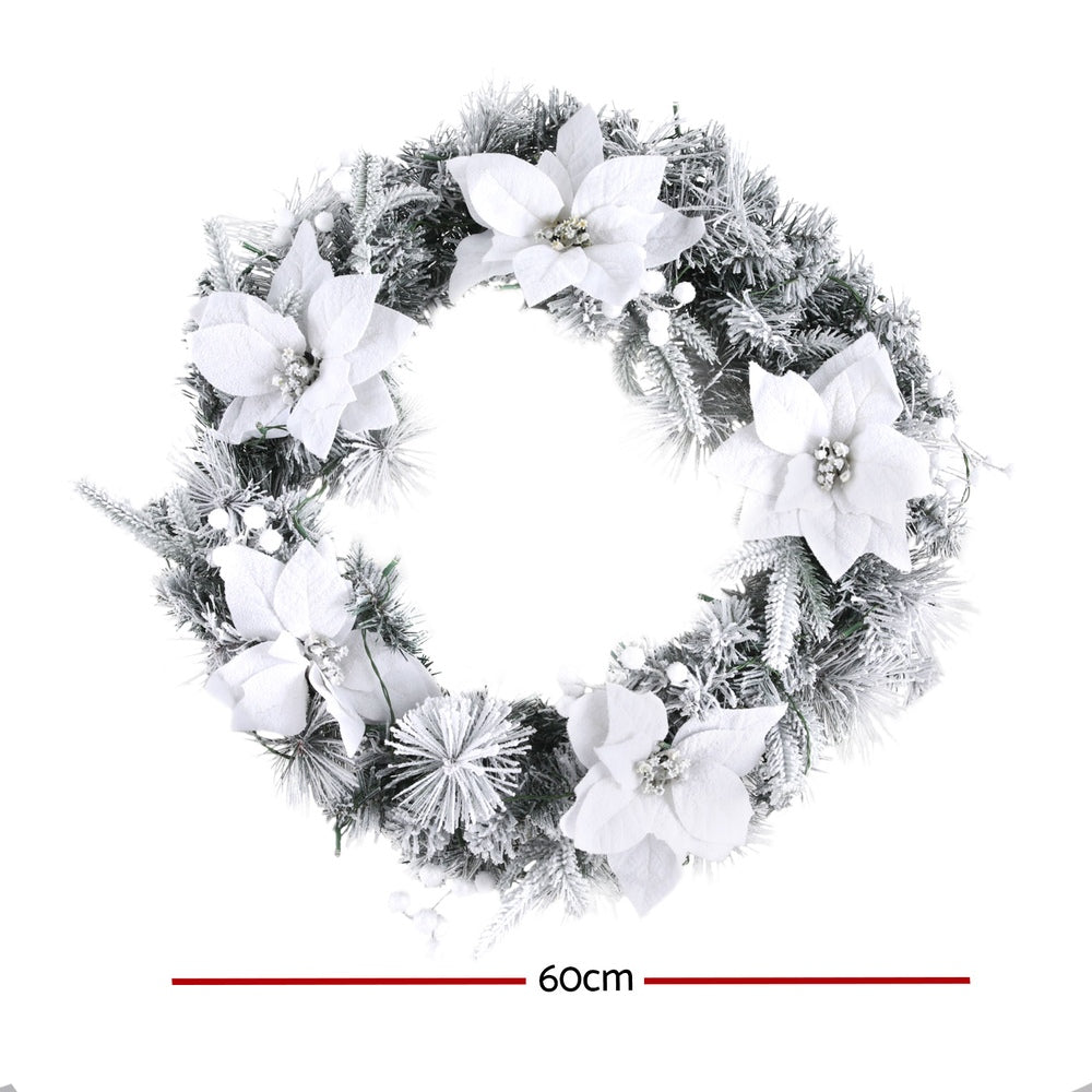 Jingle Jollys 60cm Christmas Wreath LED Lights Snowy Flowers Garland Party Decor - ShopFrenzy
