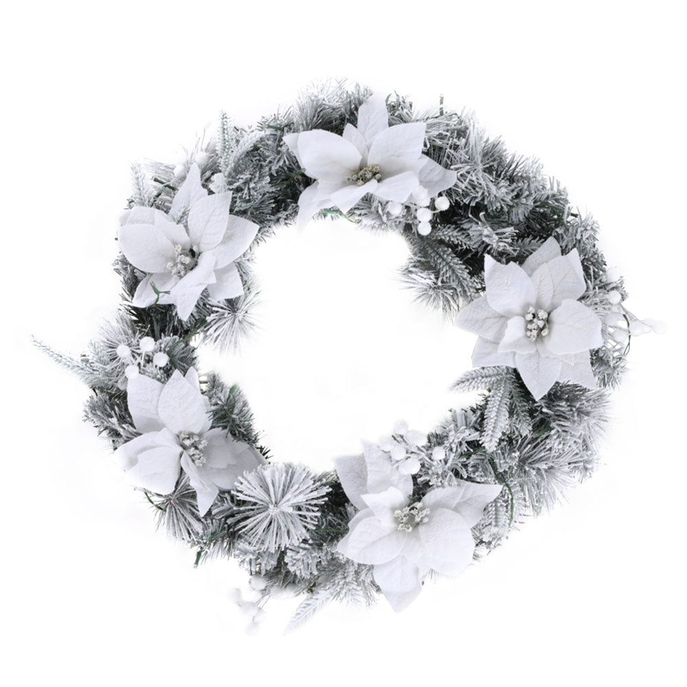 Jingle Jollys 60cm Christmas Wreath LED Lights Snowy Flowers Garland Party Decor - ShopFrenzy