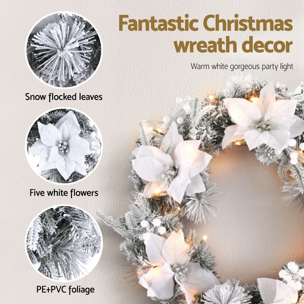 Jingle Jollys 60cm Christmas Wreath LED Lights Snowy Flowers Garland Party Decor - ShopFrenzy