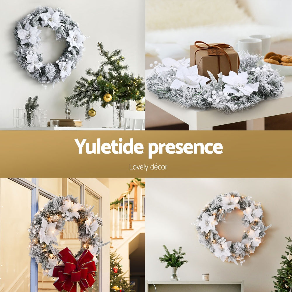 Jingle Jollys 60cm Christmas Wreath LED Lights Snowy Flowers Garland Party Decor - ShopFrenzy
