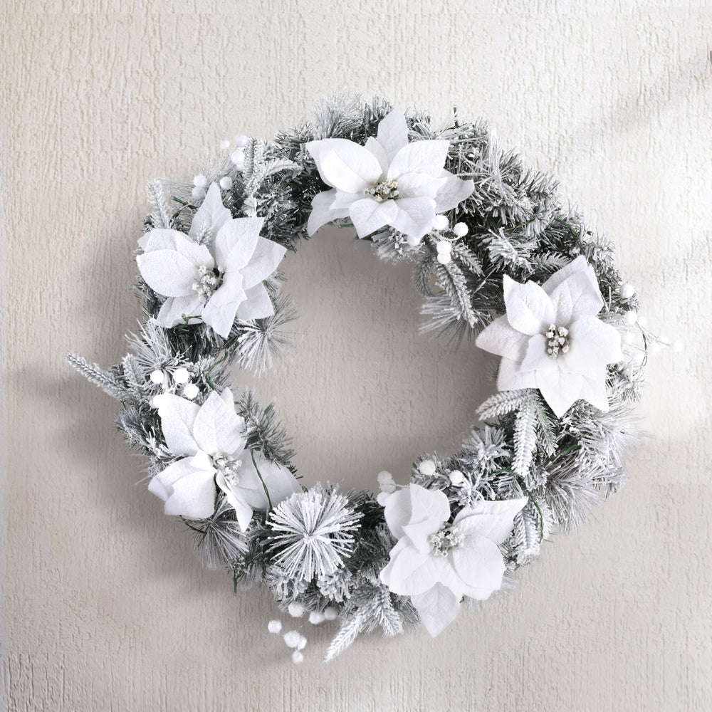 Jingle Jollys 60cm Christmas Wreath LED Lights Snowy Flowers Garland Party Decor - ShopFrenzy
