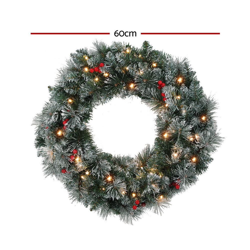 Jingle Jollys 60cm Christmas Wreath LED Lights Snowy Berries Garland Party Decor - ShopFrenzy