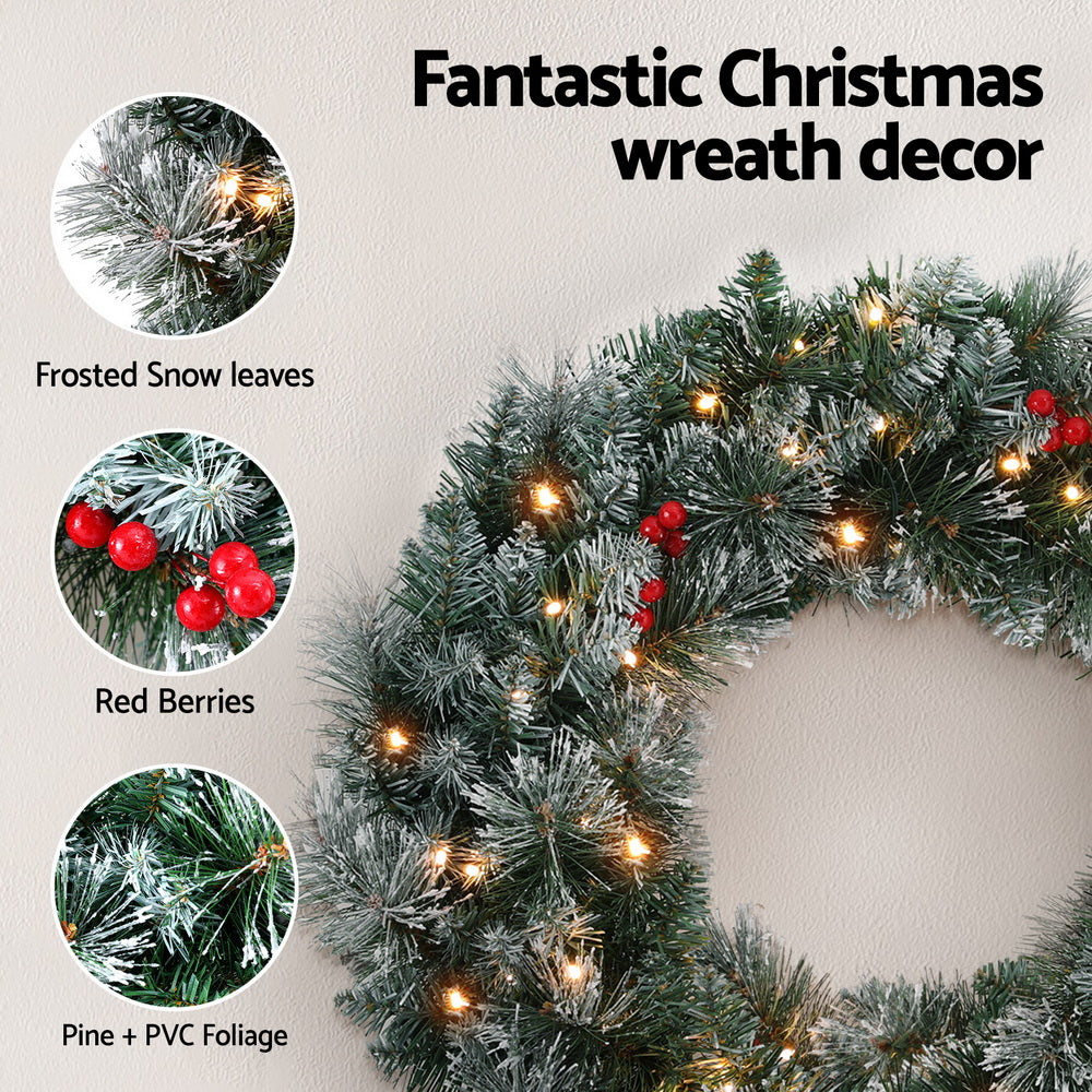 Jingle Jollys 60cm Christmas Wreath LED Lights Snowy Berries Garland Party Decor - ShopFrenzy