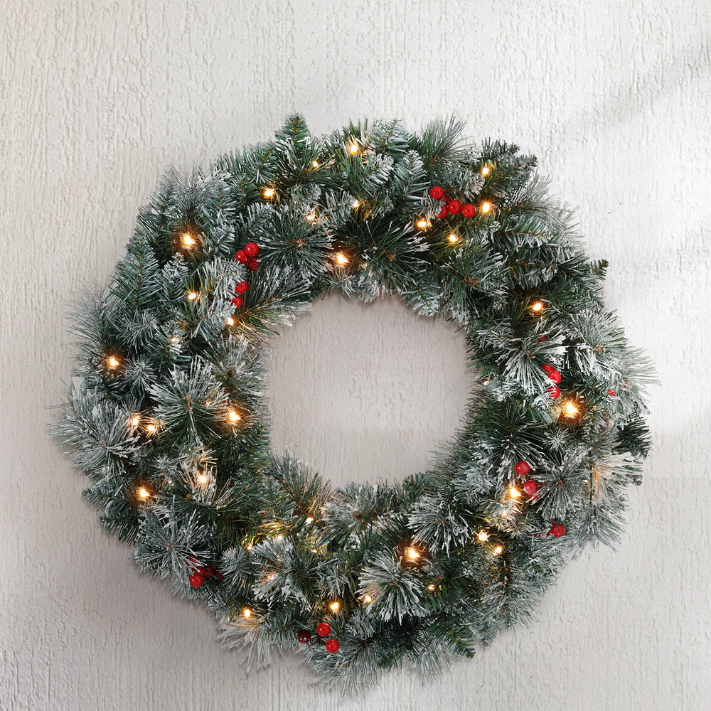 Jingle Jollys 60cm Christmas Wreath LED Lights Snowy Berries Garland Party Decor - ShopFrenzy