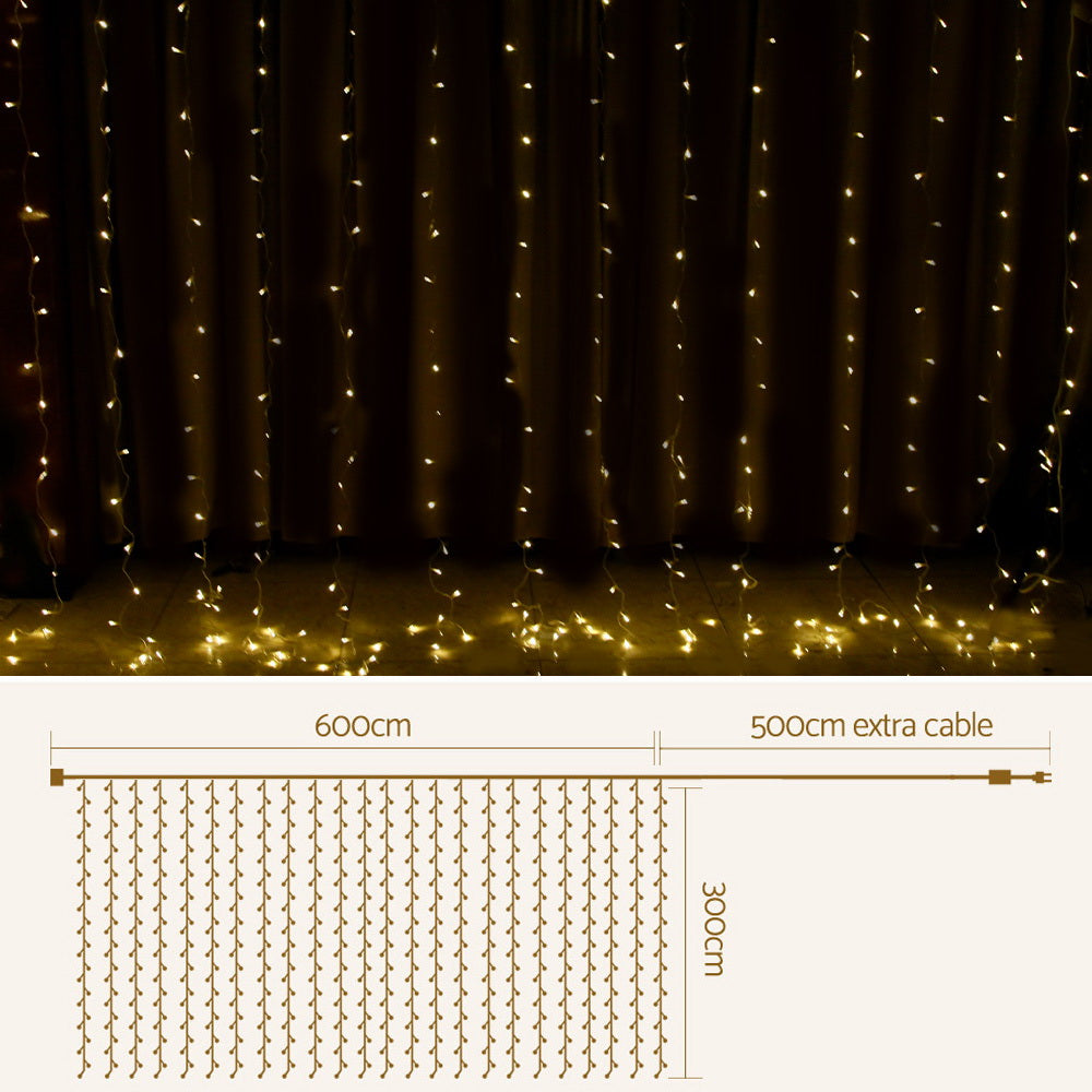 3X6M Christmas Lights Curtain Light Warm White 600 LED Jingle Jollys - ShopFrenzy