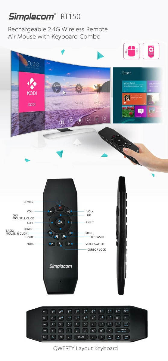 Simplecom RT150 2.4GHz Wireless Remote Air Mouse Keyboard with IR Learning - ShopFrenzy
