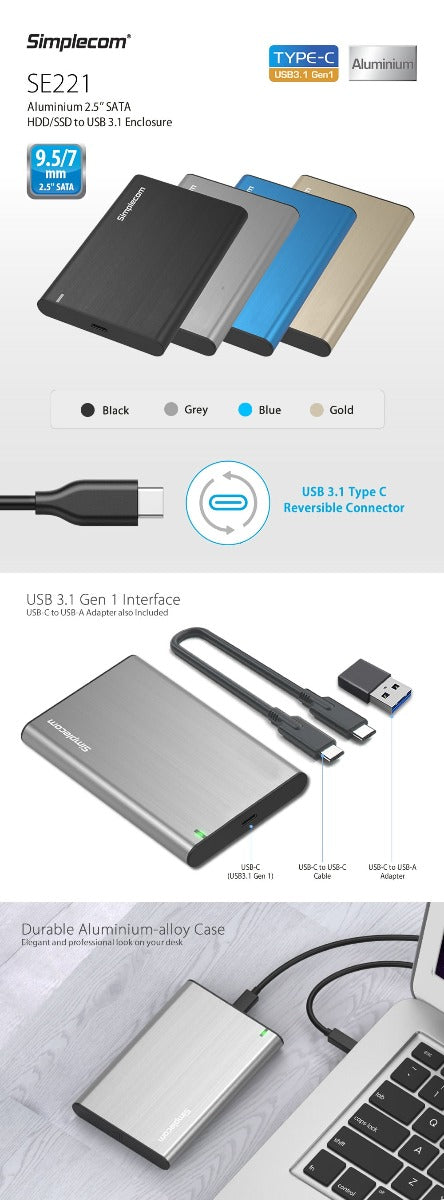 Simplecom SE221 Aluminium 2.5'' SATA HDD/SSD to USB 3.1 Enclosure Black - ShopFrenzy