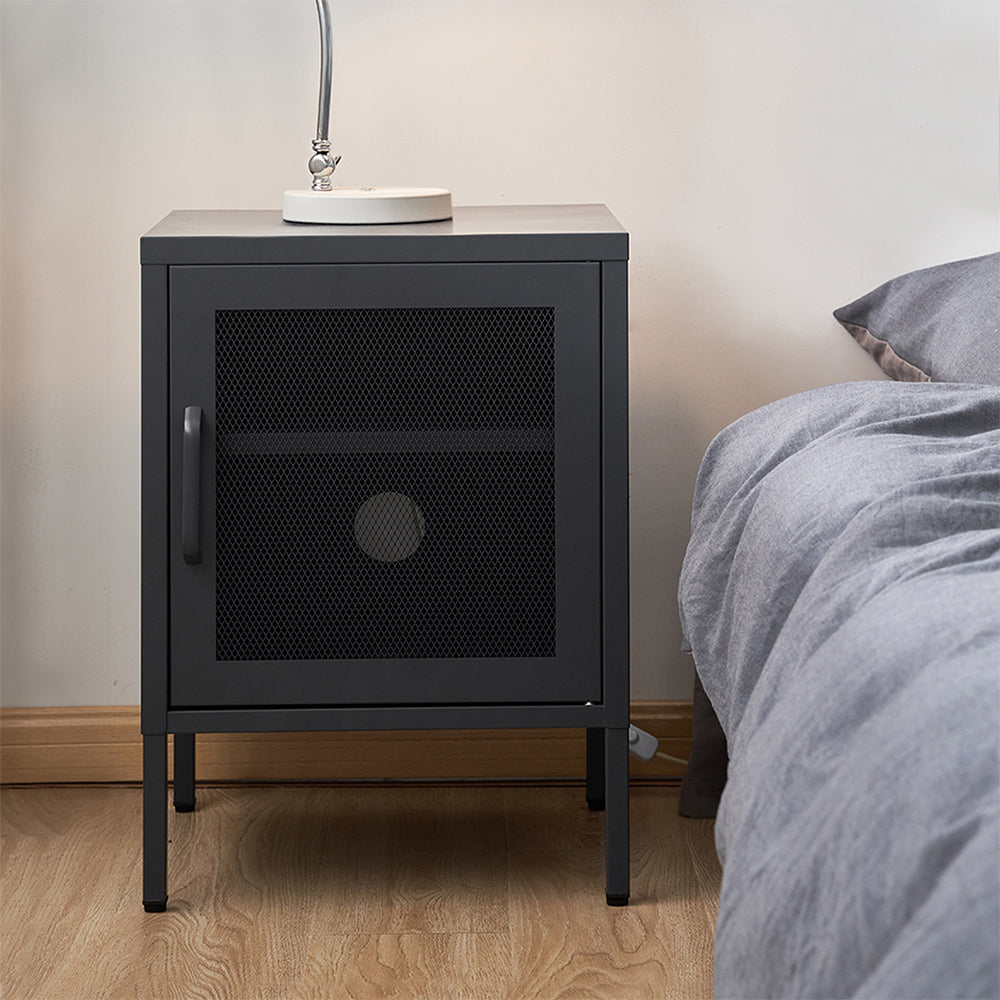 ArtissIn Bedside Table Mesh Door Cabinet - Black - ShopFrenzy