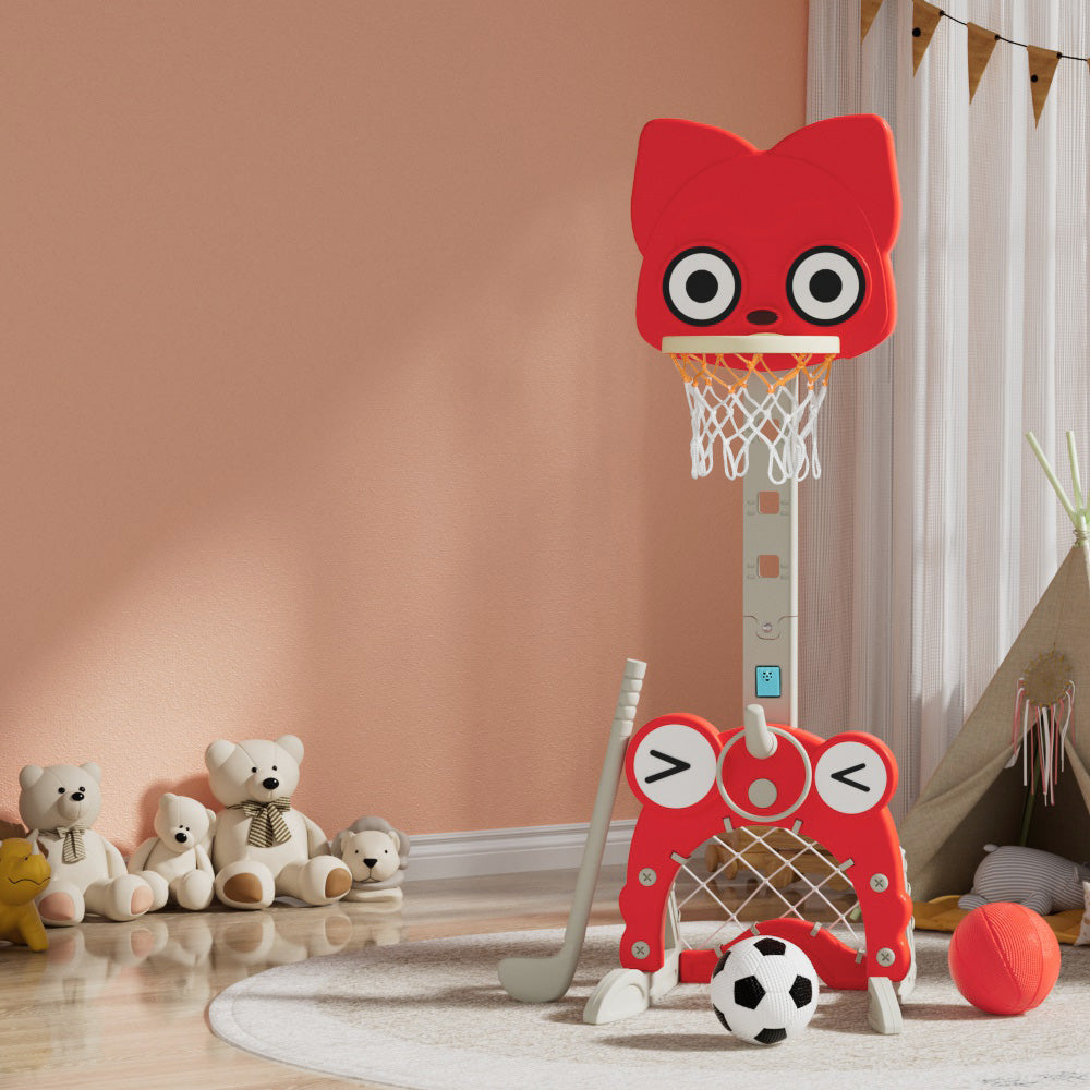 Keezi Kids Basketball Hoop Stand Adjustable 5-in-1 Sports Center Toys Set Red - ShopFrenzy